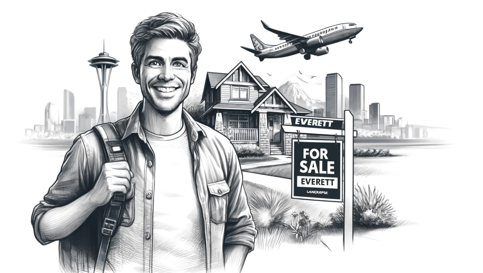 Illustration of man standing in front of a house for sale in Everett, Washington